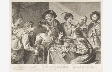 Ein Zahnbrecher zieht einem sitzenden jungen Mann einen Zahn, rechts sein Tischchen mit zahlreichen Instrumenten, zu beiden Seiten weitere Personen, unten vierzeilige Inschrift.