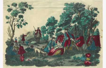 Jäger bei der Rast zwischen Bäumen und einer Kirche, links Karten spielende Knaben, eine Frau mit Säugling vorm Zelt, im Hintergrund kommt ein Jäger zu Pferde mit seiner Flinte.