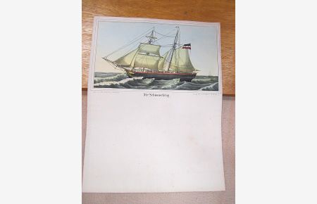 Die Schoonerbrigg. Kolorierte Lithographie auf einem Briefbogen nach D. M. Kanning.