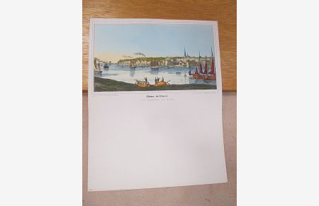 Altona, die Elbseite von Steinwärder aus gesehen. Kolorierte Lithographie von D. M. Kanning auf einem Briefbogen.