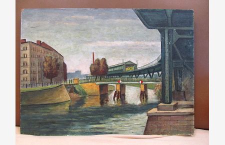 Berliner S-oder U-Bahn auf Brücke über Kanal. Öl bzw. Tempera auf Platte, rechts unten mit *Kohlhoff (19)78 * signiert und datiert.