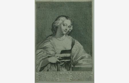 Phoebe. Darstellung der Phoebe, Inhaberin des Orakels von Delphi in Habfigur, unten mit lateinischem Text.