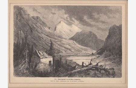 Der Scharnitzgrund im bairischen Hochgebirge. Holzstich von J. Heilmair aus einer Zeitschrift, rückseitig mit Text, 20 x 29 cm, um 1880.