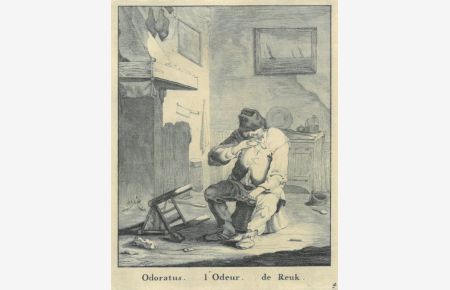Odoratus. Ein alter Mann in bäuerlicher Kleidung sitzt vor einem offenen Kamin auf einer umgedrehten Wanne am Boden und nimmt wohl eine Brise Schnupftabak aus einer Dose.