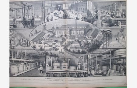 Die Stärkefabrik in Salzuflen bei Detmold. Holzstich von Knut Ekwall aus einer Zeitschrift = rückseitig mit Text, 30, 5 x 43 cm, 1876.