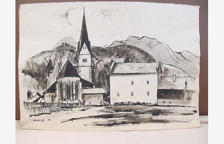 Schwarz-weiße Tuschzeichnung und Aquarell: Kirche und Häuser vor Bergen. Mit *Kohlhoff (19)58 * links unten signiert und datiert.