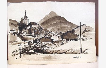 Schwarz-weiße Tuschzeichnung/Aquarellzeichnung eines Orts im Gebirge mit markanter Kirche am Ortseingang. Rechts unten mit *Kohlhoff (19)57 * signiert und datiert.