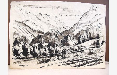 Schwarz-weiße Tuschzeichnnung einer Bahnlinie vor Bäumen im Hochgebirge. Bildmittig ein Schloß auf einem Hügel. Links unten mit *Kohlhoff (19)58 * signiert und datiert.