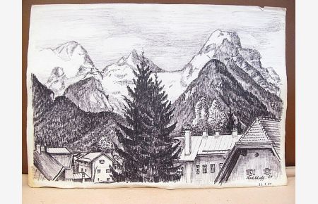 Faserstiftzeichnung einer großen Tanne im Dorf vor schneebeckten Gipfeln der Alpen. Rechts unten mit *Kohlhoff (19)64 * signiert und datiert.