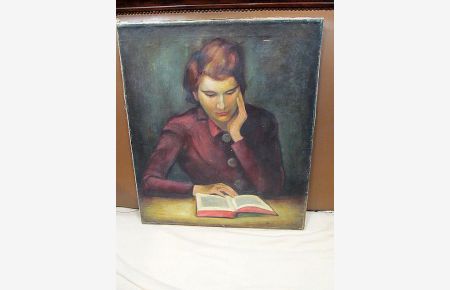 Porträt der Frau des Künstlers die ein Buch liest. Rechts unten mit *Walter Kohlhoff, (19)45 * signiert und datiert. Ölgemälde ( Tempera ) auf Leinwand.