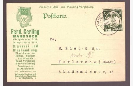 Ansichtskarte Postkarte mit Werbung der Firma Ferdinand Gerling Wandsbek, Glaserei und Glashandlung
