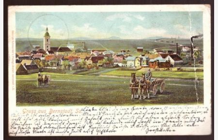 Ansichtskarte AK Gruss aus Bernstadt i. Sachsen. (Totalansicht mit Pferdefuhrwerken)