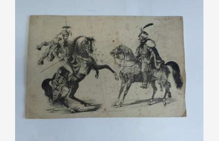 2 Husare in Uniformen auf Pferden. Holzschnitt um 1800