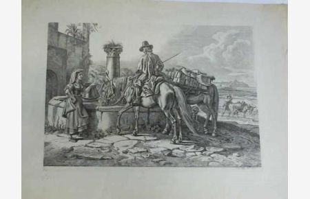 Spanien-Reisender, der seine Pferde an einem Brunnen tränkt. Kupferstich um 1820