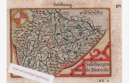 SALISBVRGENSIS DIOECESIS. Kolorierte Orig. Kupferstichkarte von Abraham Ortelius nach Markus Setznagel. Aus einem Taschenatlas der 1. französischen Ausgabe v. 1602.