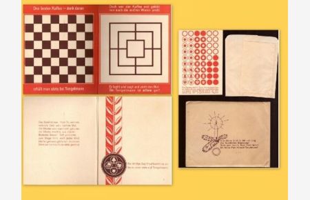 Pappspiel Mühle - Dame - Schach (Spiel mit dem aufklappbaren Pappbrett, 2 Tütchen für die Spielsteine, die Spielsteine noch original (nicht ausgeschnitten) mit dem dazugehörigen Orig. Tütchen)