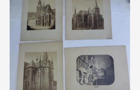 Kilianskirche in Heilbronn. 3 Fotos aus verschiedenen Perspektiven der Kirchesowie ein Straßen-Foto (vermutlich Kirchbrunnenstraße) auf Karton gezogen um 1940