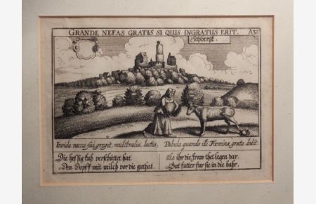 Ansicht von Fetzbergk - Felsberg - Vetzberg, Gießen. Ansicht der Burg. Kupferstich vermutlich aus Meisners 'Schatzkästlein', 1678.   - GRANDE NEFAS GRATIS SI QUIS INGRATUS ERIT.