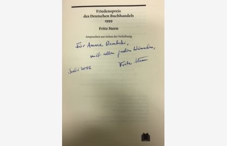 Friedenspreis des deutschen Buchhandels 1999. - signiert, Widmungsexemplar, Erstausgabe  - Ansprachen aus Anlass der Verleihung des Friedenspreises des Deutschen Buchhandels.