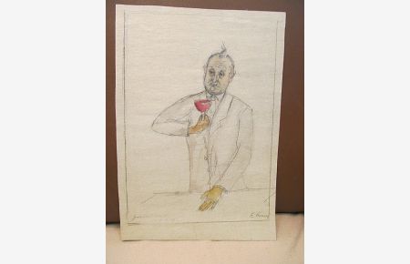 Mann mit Rotweinglas in der Hand. Ankolorierte signierte Original-Bleistiftzeichnung aus stärkerem Papier. .