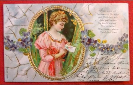 Ansichtskarte AK Prägekarte mit Motiv Junge Frau mit Liebesbrief und Sprüchlein im blumenumrankten Goldrahmen