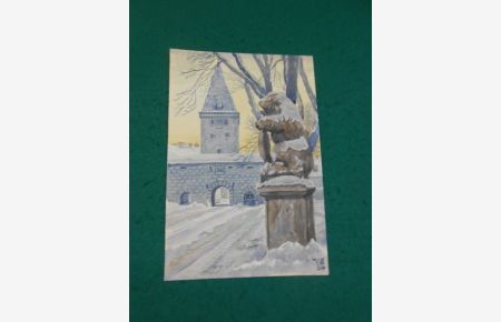 Vils- Tor im Winter mit dem bayrischen Löwen; Amberg in der Oberpfalz. Original- Farb- Aquarell auf Malkarton aus dem Jahre 1954.   - Monogrammiert: WE 54