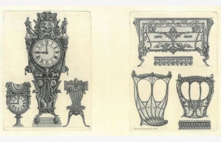 Links eine prächtige Uhr, rechts ein Stuhl und links eine weitere Uhr. Rechts eine Kommode, zwei Sänftengehäuse und ein Ornamentband. Zwei Darstellungen auf einem Blatt.