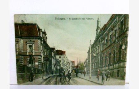 AK Solingen. Kölnerstraße mit Postamt. Gebäudeansichten, Straßenpartie, Straßenbahn, Passanten, Kirchturm