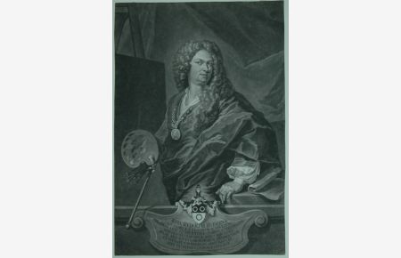 Portrait. Bildnis des Malers Johann Rudolf Huber in Halbfigur mit Malerpalette. Mezzotinto (Schabkunst) von Johann Jakob Haid nach dem Gemälde (Selbstporträt) von Huber.