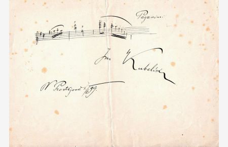 Violinist und Komponist (1880-1940). Eigenh. musikalisches Albumblatt mit Notenzitat (Paganini), U. (voller Namenszug), Ort u. Datum.