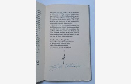 An Friedrich Georg zum 65. Geburtstag,   - diese Rede Ernst Jüngers wurde als Manuskript in 300 Exemplaren gedruckt und von den Verlegern Carl Hanser und Vittorio Klostermann zur Erinnerung an den 1.9.1963 überreicht,
