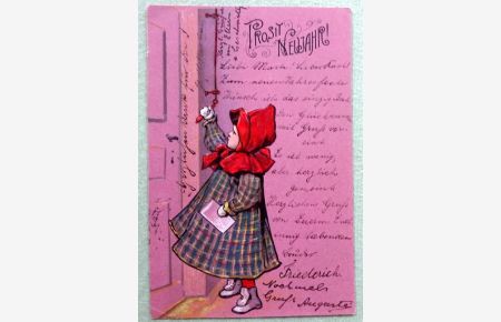 Ansichtskarte AK Prosit Neujahr (Prägekarte Mädchen mit rotem Kopftuch an einer Türklingel))
