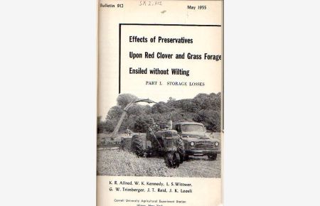 Allred, K. R. ; Kennedy, W. K. ; Wittwer, L. S. ; Trimberger, G. W. ; Reid, J. T. ; Loosli, J. K. : Effects of Preservatives Upon Red Clover and Grass Forage Ensiled without Wilting - Part I. Storage Losses. (Bulletin 912: p. 1-35) // Allred, K. R. ; Kennedy, W. K. ; Wittwer, L. S. ; Trimberger, G. W. ; Reid, J. T. ; Loosli, J. K. ; Turk, K. L. : Effects of Preservatives Upon Red Clover and Grass Forage Ensiled without Wilting - Part II. Feeding Value. (Bulletin 913: p. 1-31) // Davis, R. F. ; Trimberger, G. W. ; Turk, K. L. and Loosli, J. K. : feeding value and digestibility of . . . Cane Molasses Nutrients for Dairy Heifers. (Bulletin 914: p. 1-27) // Gunkel, Wesley W. : Durability Tests of Some agricultural Sprayer Pumps. (Bulletin 915: p. 1-23) // Morrow, Robert R. : Influence of Tree Crowns on Maple Sap Production. (Bulletin 916: p. 1-30) // Cunningham, L. C. and Fife, L. S. : Analysis of forage Harvesting Patterns on New York Dairy Farms. (Bulletin 917: p. 1-23) // Spencer, Leland and Christensen, S. Kent: Milk Control Programs of the Northeastern States - Part 2. (Bulletin 918: p. 1-128) // Taietz, Philip; Streib, Gordon F. ; Barron, Milton L. : Adjustment to Retirement in rural New York State. (Bulletin 919: p. 1-32)