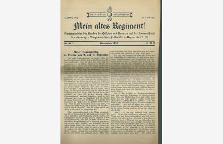 Mein altes Regiment! Nachrichtenblatt des Bundes der Offiziere und Beamten und der Kameradschaft des ehemaligen Vorpommerschen Feldartillerie-Regiments Nr. 38. Nr. 10/11, November 1935.