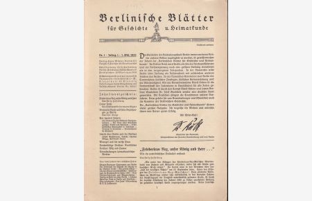 Berlinische Blätter für Geschichte und Heimatkunde. Erster (1. ) Jahrgang mit Nr. 1 (1. Oktober 1933).