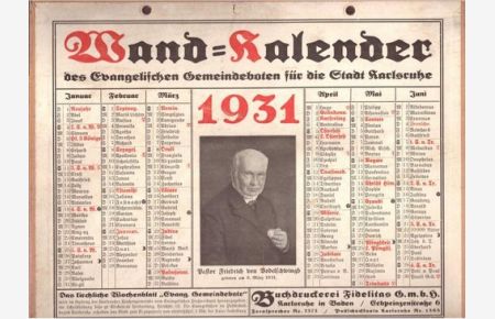 Kalender (Wandkalender zum Aufhängen) 1931 des Evengelischen Gemeindeboten für die Stadt Karlsruhe