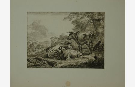 Die drei Kühe. Faksimile-Reproduktion der Reichsdruckerei mit Plattenrand nach dem Kupferstich von Berchem. Reichsdruck Nr. 542.