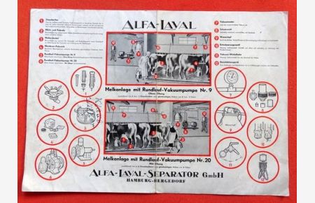 Werbeblatt / Merkblatt Alfa-Laval Melkanlage mit Rundlauf-Vakuumpumpe Nr. 9 und Nr. 20