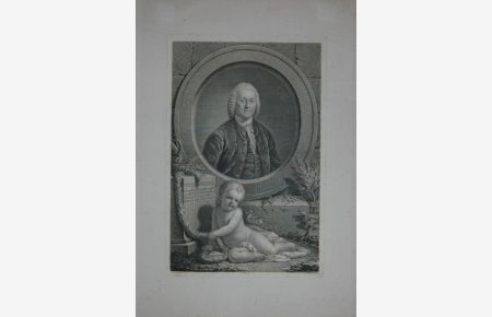 Porträt. Brustbild in Oval, davor Schriftsockel und Knabe. Kupferstich von Johann Friedrich Bause nach Anton Graff und Oeser.