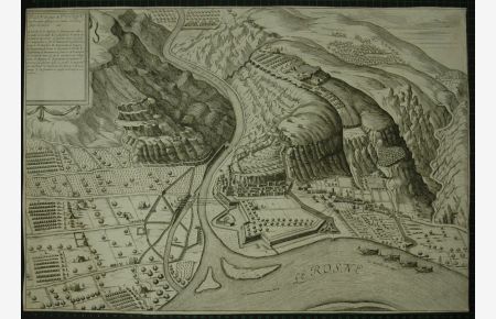 Plan du siége du Pouzin, en Vivaretz, assiégée et rendue en l'obéissance du Roy. Large plan in bird eyes view. Gravure par Abraham Bosse (1602-1676),