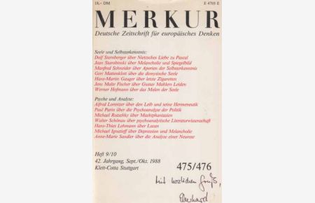Merkur. Heft 9/10. 1988. Nr. 475/476. Deutsche Zeitschrift für europäisches Denken.   - 42. Jg.