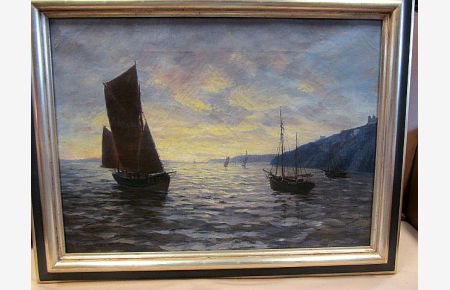 Sonnenuntergang auf der Elbe mit Segelbooten rechterhand Villen am Elbhang. Ölgemälde auf Leinwand, links unten mit *M. Jensen, Hamb. (19)00 * signiert und datiert, alt gerahmt.