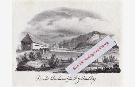 Die Aachbrücke und der St. Gebhardsberg. Orig. Lithographie v. Pecht.