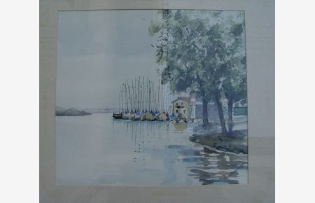 Aquarell signiert Schachinger, um 1970 Boote in kleinem Yachthafen evtl. Starnberger See