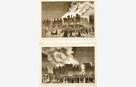 Der Brand des Amsterdamer Stadttheaters in der Nacht des 11. Mai 1772. Zahlreiche Menschen stehen an der Gracht und auf einer Brücke um das Großfeuer in der Stadt zu beobachten. Auf zwei Blättern mit niederländischem Text.