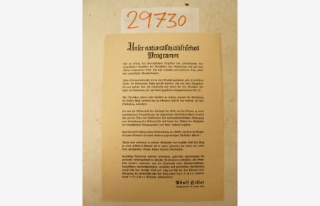 Original-Blatt Unser nationalsozialistisches Programm (aus der Reichstagsrede vom 30. Januar 1937)  - Dieses Blatt wird von uns nur zur staatsbürgerlichen Aufklärung und zur Abwehr verfassungswidriger Bestrebungen angeboten (§86 StGB)