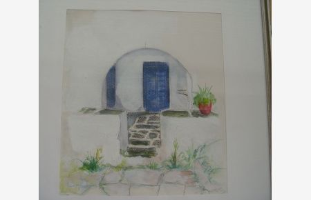 Griechenland Haus mit Blauer Tür zur Terasse und Blumenstock, Aquarell um 1960