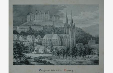 Marburg (Lahn): Vue generale de la ville de Marbourg. Lithographie von F. Courtin nach Georges Moller. Gesamtansicht mit der Kirche im Zentrum.