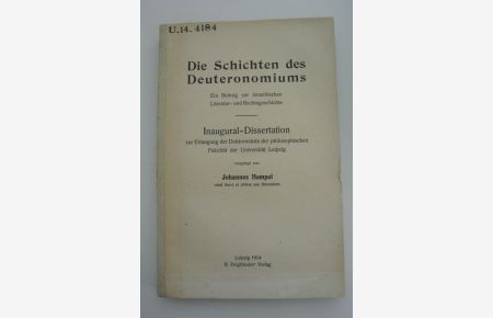 Die Schichten des Deuteronomiums. Ein Beitrag zur israelitischen Literatur- und Rechtsgeschichte.   - Inaugural-Dissertation (Universität Leipzig)