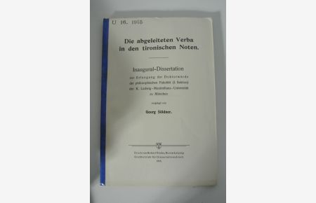 Die abgeleiteten Verba in den tironischen Noten.   - Inaugural-Dissertation (Universität München)